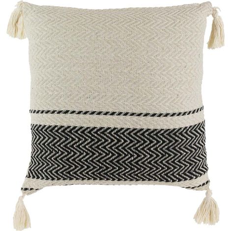 Coussin 40x40cm Style Berbère Beige Motifs Géométriques Noirs avec Pompons Déhoussable (1/5)