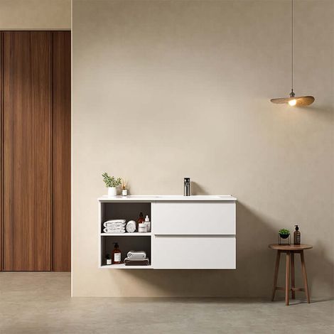 Mobile bagno sospeso 100 cm Bianco Opaco Lavabo a Destra in Ceramica Senza Specchio - Fiji Paint Plus