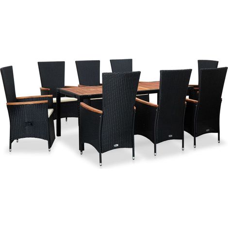 Set comedor de jardín 9 piezas y cojines ratán sintético negro vidaXL (1/5)
