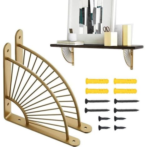 Lot de 2 supports d'étagère d'angle en métal doré, en forme d'éventail, pour décoration de salon, de restaurant, doré/noir, taille unique (1/5)