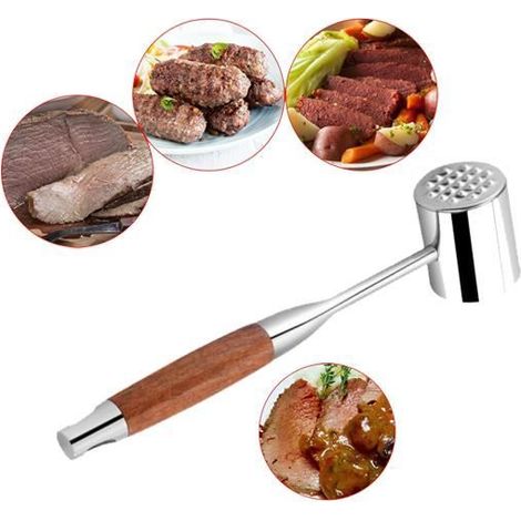 Attendrisseur de Viande - Manuel - Acier inoxydable et bois - 5x6x28.5CM - Multifonction - Argent (1/4)