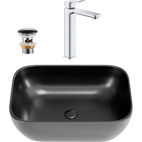 QUICKFIX DICE grifo monomando para lavabo, tamaño XL + Lavabo sobre encimera Swiss Aqua Technologies 45,5 x 32,5 cm