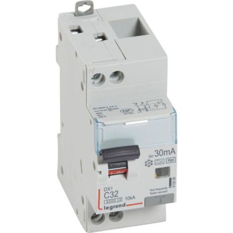 Disjoncteur différentiel monobloc DX³6000 10kA arrivée haute et départ bas à vis U+N 230V - 32A - typeF 30mA - LEGRAND