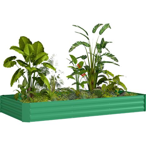 Verzinkter quadratischer Pflanzkasten für den Gemüsegarten im Freien, 240 x 120 cm, mit belüftetem Boden und Sicherheitsrand, grüne Farbe.