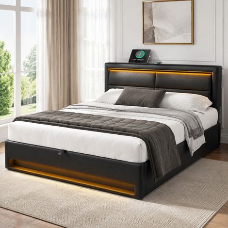 Cama canapé 140x190 cm de PU negro con almacenaje y LED, sin colchón (1/5)