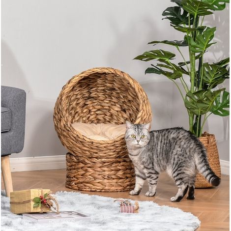 Cama para gato de jacinto de agua con cojín extraíble, 50 x 42 x 60 cm, marrón claro OKMYHOME (1/5)