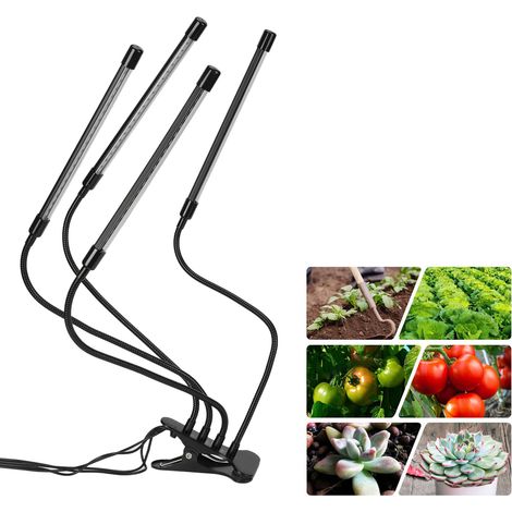 Lampes de croissance LED à spectre complet, 4 têtes, 40 W, 3 niveaux de luminosité, avec pince et minuterie, pour plantes d'intérieur. (1/5)