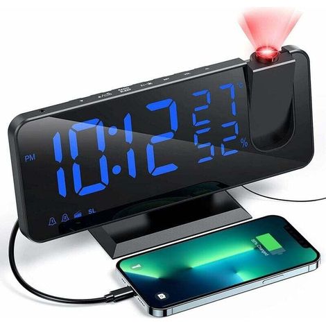 Reloj despertador con proyector y radio, reloj digital, radio reloj despertador USB con alarma dual y pantalla de espejo de 7 LED (azul), de DEBUNS (1/5)