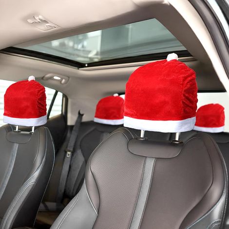 Juego de 4 fundas para reposacabezas de coche con forma de gorro navideño, suave gorro rojo de Papá Noel, 34 x 33 cm. Divertidas fundas navideñas para reposacabezas de coche, accesorios para coche. (1/5)