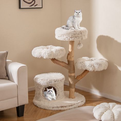 102 cm arbre à chat moderne, griffoir en jute, niche et plateformes rembourrées, tronc en bois massif (1/5)