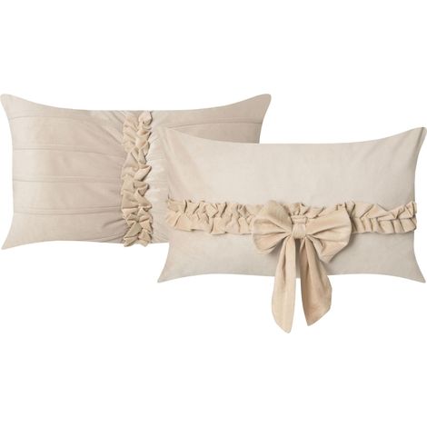 Lot de 2 Coussins Décoratifs en Velours 50 x 30 cm Motif Nœud Beige Clair Belle