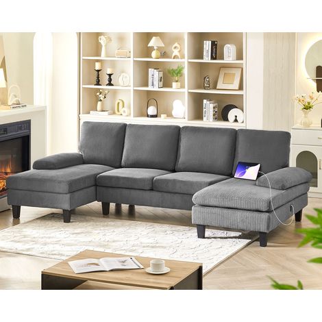 U-Shaped Sectional Sofa, 4 Seater Sofa Bed with 2 Chaise Lounges & Charging Station, Chenille Fabric Upholstered Sofa Set for Home Furniture Grey (1/5)
