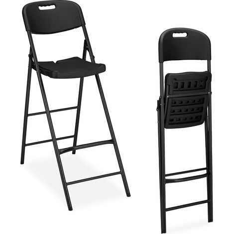 Tabouret de Bar Pliant, Lot de 2, avec Dossier, HLP : 118 x 44,5 x 82 cm, Plastique & Acier, Noir (1/5)