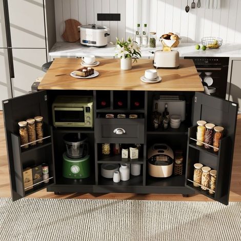 Îlot de cuisine - Desserte mobile multifonction - Plateau rabattable - Casier à vin - Roulettes 360° (1/5)