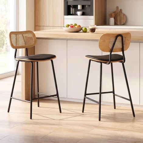 Wahson Juego de 2 Taburetes de Bar de Madera con Asiento de PU y Respaldo de Ratán, Estilo Rústico para Cocina y Restaurante, Negro