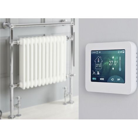 Milano Elizabeth 930mm x 790mm Floorstanding Chrome and White Dual Fuel Electric Heated Towel Rail Radiator with Angled Valves - With Touchscreen Wi-Fi Thermostat (1/5)