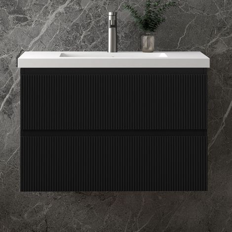 Waschbeckenunterschrank, Badezimmerschrank, 2 Schubladen, 50x37x52cm, TYP C-Kunststein Waschbecken, Schwarz, Sanfter Schluss, Badschrank, Unterschrank mit Waschbecken (1/5)