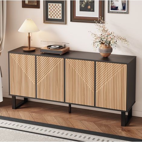 Meuble TV moderne 160 cm noir et bois clair, design minimaliste à portes striées et grand rangement pour salon, entrée ou chambre  CHICFURN (1/5)