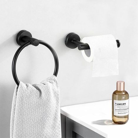 Toilet roll holder and towel ring, 2 bathroom accessories matt black stainless steel (1/5)