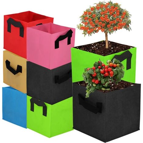 (Rouge - Lot de 2, 35 x 35 x 35 cm) Lot de 2 sacs de culture carrés en tissu avec poignées pour plantes d'extérieur, légumes, fleurs, pots de pépinière. (1/5)