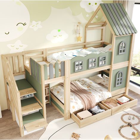 Lit superposé enfant 90x200 cm avec toit, fenêtres, rangement, échelle latérale, bois vert/gris (1/5)