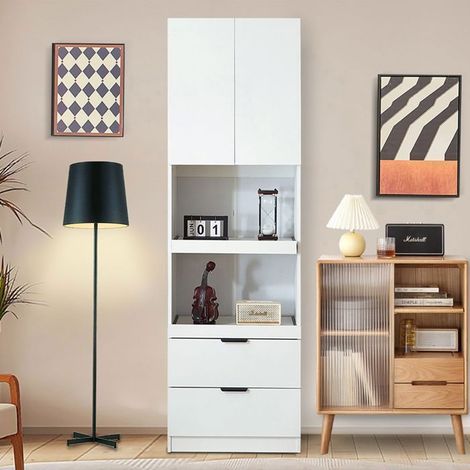 Meuble De Cuisine 59.5x45x200cm Blanc Multi-rangements - Buffet De Cuisine - 2 Tiroirs, Étagères Coulissantes, Anti-basculement (1/5)