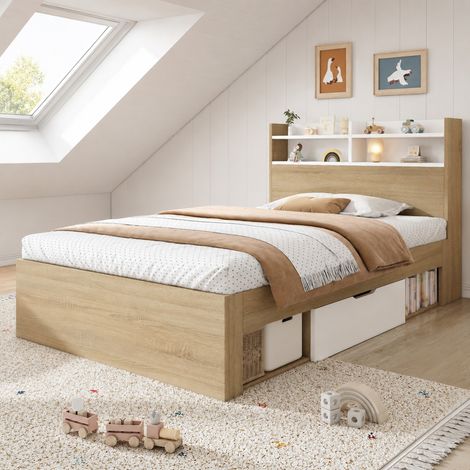Cama 90x190 con almacenaje, cabecero con estantes, 2 cajones, blanco y roble HAVRYA (1/5)