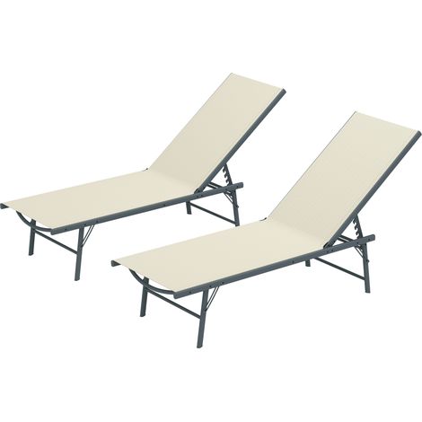 Lot de 2 bain de soleil chaise longue pliante textilène transat jardin extérieur inclinable 54 x 164 x 84 cm crème (1/5)