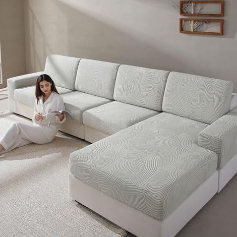 Elastische Sofakissenbezüge für Eck- und L-förmige Sofas, waschbar, strapazierfähig, haustierfreundlich, hellgrau (1 Rückenbezug enthalten).