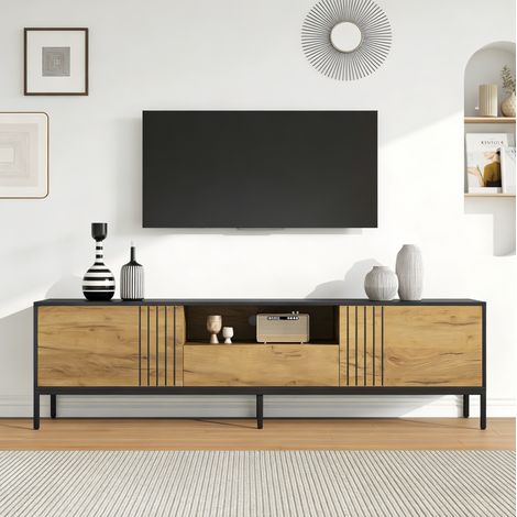 Meuble TV 170 x 35 x 50 cm avec 2 portes, tiroir et niche ouverte, chêne et noir HAVRYA (1/5)
