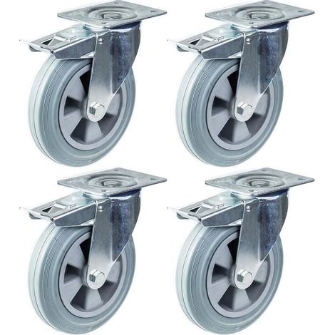 Rollen - PARNELLS - 200 mm - Graues Gummi - Set von 4 - Drehbar mit Bremse