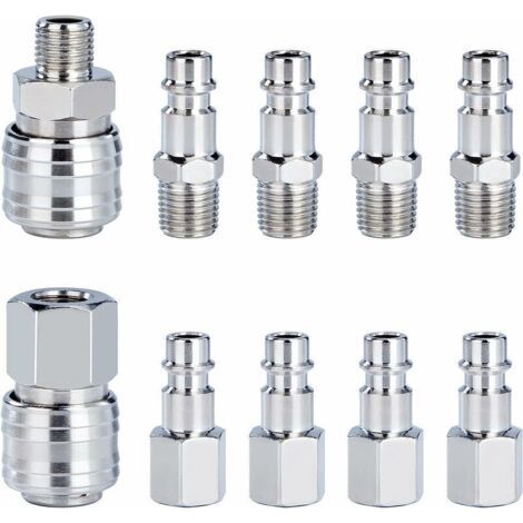 Aiperq Raccord Rapide de Compresseur 1/4"BSP Coupleur Pneumatique d'air Kit Raccords de Tuyau Connecteur Homme Femme 10 Pièces (1/4)