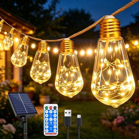 Guirlande Solaire Extérieur 7.5M avec 16 Ampoules, LED Guirlande Lumineuse Solaire Étanche, 8 Modes Guirlande Guinguette Exterieure Temporisé, Vintage Décoration Jardin Fête Terrasse (1/5)