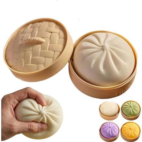 Squishy Ravioli Toy with Mini Steamer Basket, Realistic Slow-Rising Steamed Bun Sensory Toy, Interactive Cat Toy - White