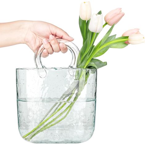 Deko Handtasche Glasvase - klar und mundgeblasen Handtasche Blumenvase Obst, Potpourri, kleine Fische, Süßigkeiten - Einzigartige Kristall-Wasserblasen-Beutel Ästhetik (1/5)