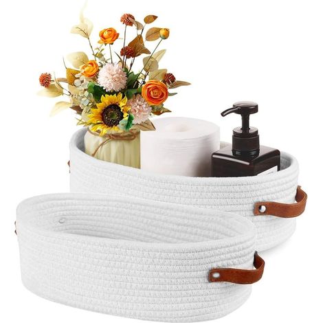 Panier de Rangement, Corde en Coton Panier Tressé, 2 Pièces 33 x 15 x 10 cm Boite Rangement Salle de Bain, Paniers en Corde de Coton Multifonction Blanc, pour Salle de Bain, Chambre (1/5)