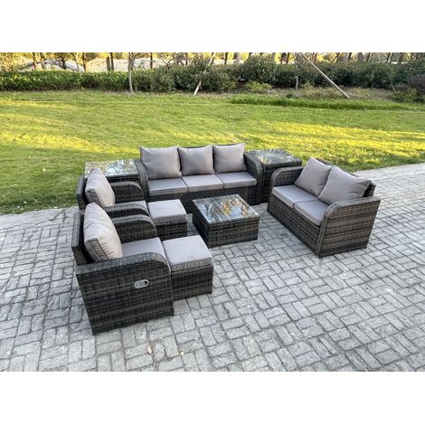 Fimous 9 places Ensemble de meubles de jardin Rattan Outdoor Canapé Lounge Fauteuil avec Table basse carrée 2 Petits tabourets 2 Tables d'appoint Gris foncé mixte (1/5)