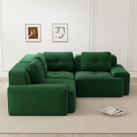 Canapé d’angle modulable 206 x 206 x 69 cm en velours côtelé, mousse 32D, vert HAVRYA (1/5)