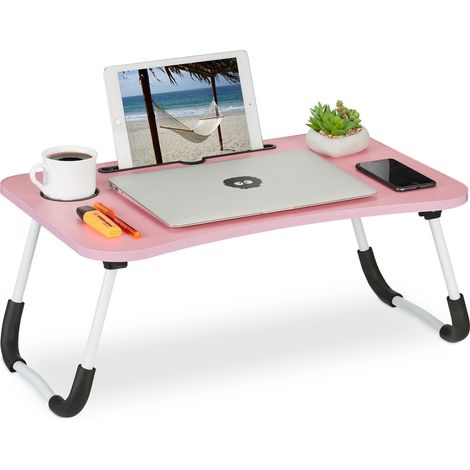Relaxdays Tavolino per Laptop, Pieghevole, Letto e Divano HLP 26x63x40 cm, con Porta Bevande e Tablet, Rosa Bianco
