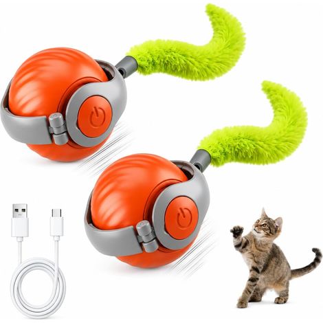 Lot 2PCS Jouet Chat Interactif Balle Interactive Chat Automatique, Jouet pour Chat Intérieur avec Queue Peluche, Jeux Chat Appartement Anti Ennui, Jouet Chat Intelligent Rechargeable, Orange (1/5)