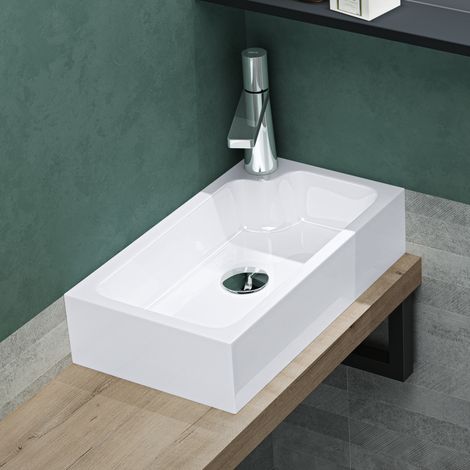 Mai & Mai Waschbecken Gäste WC Aufsatzwaschbecken mit Hahnloch 46x26x11cm Mineralguss Eckig Klein Waschschale Weiß Waschplatz Becken-links Colossum101 (1/5)