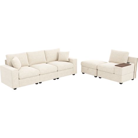 Sofá modular en L con otomana, chenilla beige, HOMVRA (1/5)