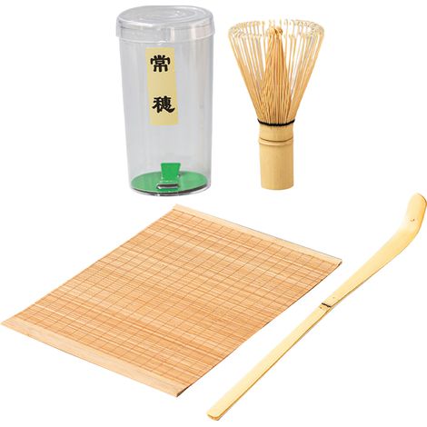 Service à thé Matcha en bambou comprenant une cuillère à matcha en bambou raffinée, un fouet et un dessous de plat à bordure enroulée. (1/5)