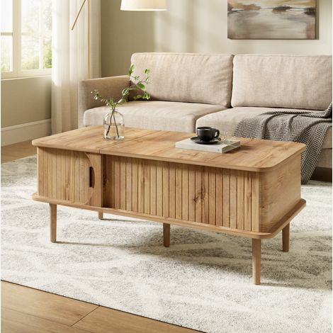 Mesa de centro elevable 100x48x55,5 cm de MDF y madera natural, con almacenaje, FloraGrace (1/5)