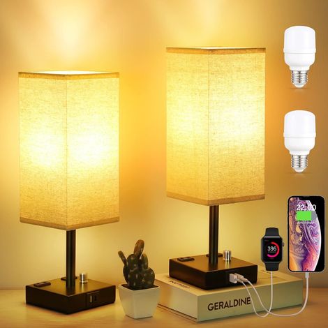 ZOLGINAH Juego de 2 lámparas de noche con USB C+A y 2 salidas de CA, interruptor giratorio, atenuación continua, lámpara de escritorio minimalista para dormitorio, sala de estar, hotel (1/5)