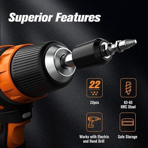 Extracteur de vis cassées – Kit 22 pièces en acier HSS 4341, forets + embouts magnétiques + adaptateur de prise