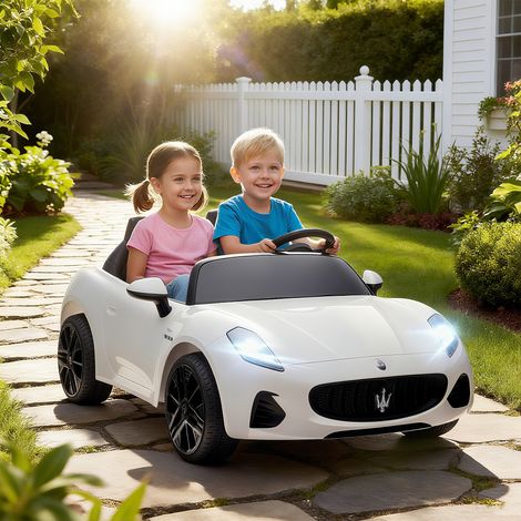 Maserati Elektroauto für Kinder, 2-Sitzer, 12V Batteriebetrieb, Fernbedienung, LED-Lichter, Musikfunktion, Weiß (1/5)