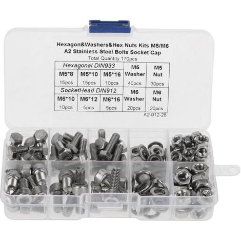 Kit de 170 vis à tête hexagonale creuse M5/M6 en acier inoxydable avec rondelles et écrous (1/5)