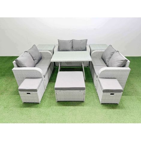 Fimous Rattan Garden Furniture Dining Set 9-seater Patio Rectangular Table Love Sofa Set with 2 Side Tables 3 Stools (1/4)
