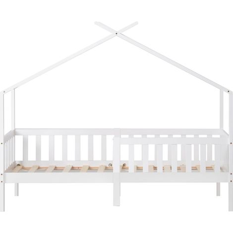 Lit cabane enfant 90x200 cm en bois de pin blanc avec barrière et sommier (1/5)